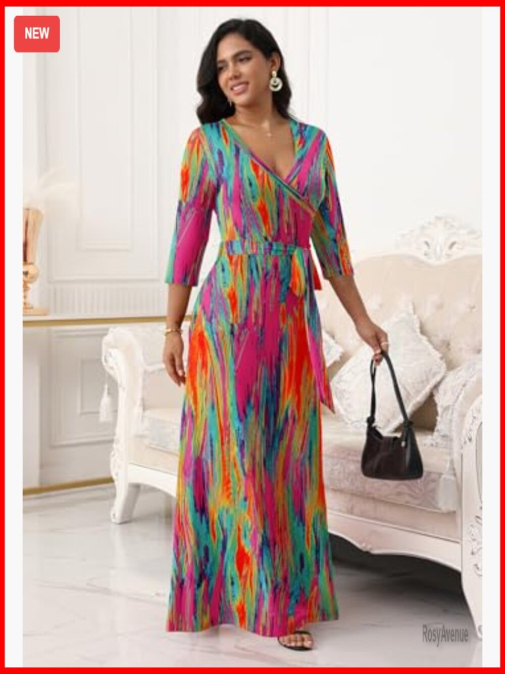 V Neck Wrap Maxi Dress with Tie Belt 3/4 Sleeve - Picture 6 of 7